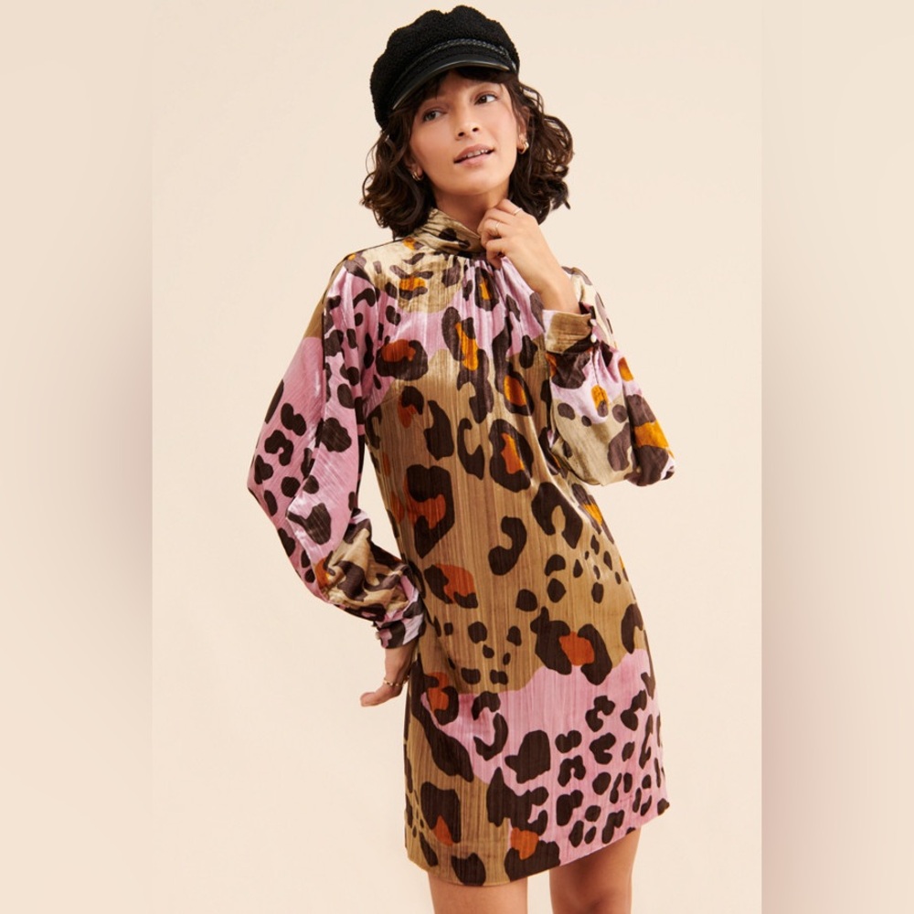 Anthropology Leopard Print Pink and Brown Dress size 0 xs velvet